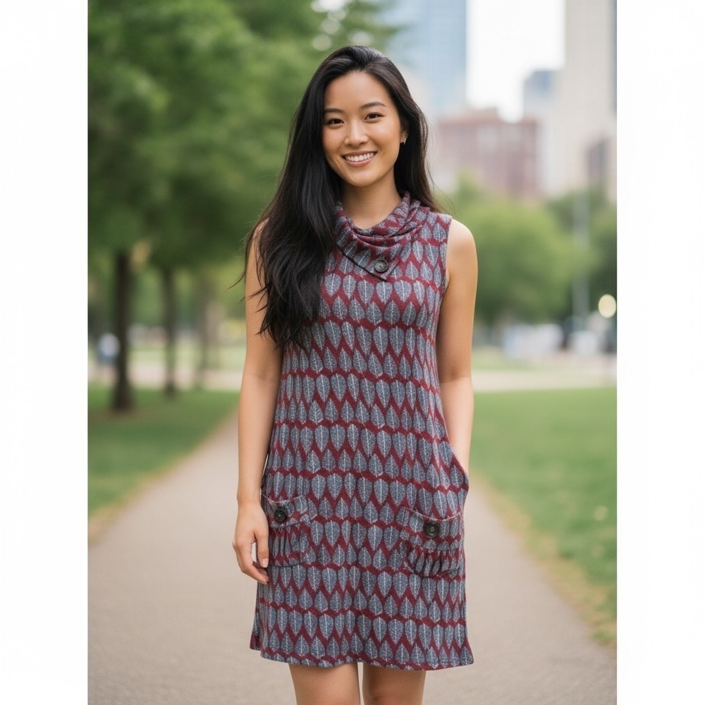 Caroline Morgan Short Sleeve Red Gray Leaf Pattern Dress Two Front Pocket Sz 8‌‌